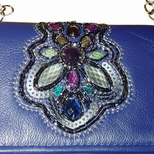 Brighton Jeweled Crossbody Bag Vintage Blue Leather Wallet Clutch Embellishment